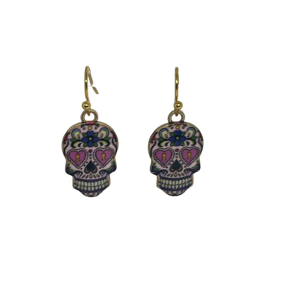 Sugar Skull Earrings Heart Eyes - Gold Plated Enamel - Hypoallergenic